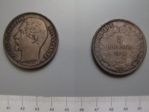 Louis Napoleon Bonaparte, 5 Francs from Paris with Louis Napoleon Bonaparte, 1852