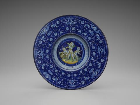 Piero Bergantini, "Berettino" plate with blue on blue decoration, ca. 1530
