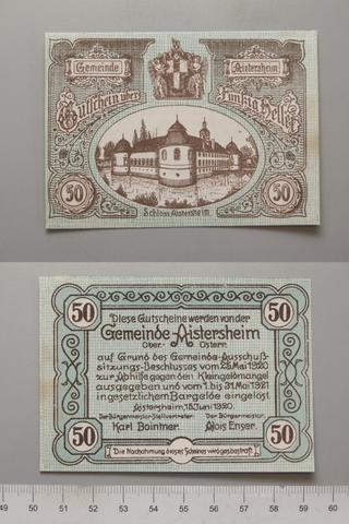 Aistersheim, 50 Heller from Aistersheim, issued 15 June 1920, redeemable 31 May 1921, Notgeld, 1920