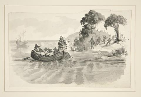 Edwin Austin Abbey, Men in rowboat fleeing Indians on shore - unidentified illustration (Columbus discovering New World?) - explorers landing in the New World, n.d.