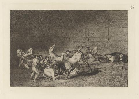 Francisco Goya, Dos grupos de picadores arrolados de seguida por un solo toro (Two Teams of Picadors Thrown One After the Other by a Single Bull), Plate 32 from La tauromaquia, 1876